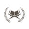 Quran open book emblem. Reading and learning vector icon with wreath. Book on stand award stamp. Graphic illustration isolated