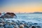 Quy Nhon city panorama from pebble beach and rock boulders in foreground, famous tourism destination in Vietnam. Quy Nhon bay soft