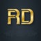 R and D - initials or gold logo. RD - Metallic 3d icon or logotype template. Design element with lineart option