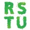 R, S, T, U, Handdrawn english alphabet - letters are made of green watercolor, ink splatter, paint splash font. Isolated on white