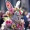 A rabbit adorned with a vibrant floral crown celebrates spring. This whimsical image is ideal for Easter festivities or