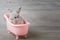 Rabbit in the bathtub placed on a wooden floor. Happy easter Fancy rabbit on a wooden background. Cute little rabbit on a pink