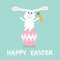 Rabbit with carrot sitting on painting pink egg shell. Happy Easter bunny pyramid set. Farm animal. Cute cartoon funny character.