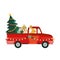 Rabbit deliver Christmas tree by truck vector icon