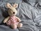 A rabbit doll wearing a red polka dot dress sitting on the bed