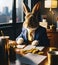 Rabbit dressed as businessman doing paperwork at office desk, generative ai