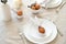 Rabbit Easter egg in napkin on plate. Easter dinner table setting concept