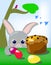 Rabbit and eggs under spring tree vector illustration for Easter