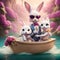 Rabbit family are sitting boat