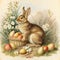 A rabbit and a fawn sit beside a basket of eggs and flowers
