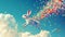 Rabbit flying high in sky with colorful confetti.