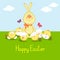 Rabbit with funny chickens.easter illustration.