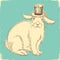 Rabbit gentleman in vintage cylinder hat. Vector vintage hand drawn illustration of cute rabbit on old paper texture background