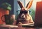 rabbit in glasses office worker at workplace, coffee break Generative AI