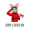 Rabbit. Happy Canada day greeting card. Canadian flag. Bunny, Hare wearing in form of the Royal Canadian Mounted Police. Vector.