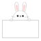 Rabbit happy face head icon hanging on paper board template. Pink cheeeks. Paw hands. Contour line. Funny baby hare. Cute cartoon