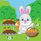 Rabbit holding carrot. Hare, bunny in the garden