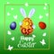 The rabbit holds a large Easter egg in his hands, butterflies fl