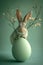 Rabbit with a large Easter egg on a soft green background. The image is generated with the use of an AI.