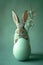 Rabbit with a large Easter egg on a soft green background. The image is generated with the use of an AI.