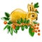 Rabbit lying in green leaves, red berries. Christmas motifs with garlands