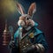 Rabbit in a medieval costume on a dark background. 3d rendering AI Generated