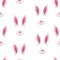 Rabbit pink ears and white mouth. Vector illustration. Seamless wallpaper.