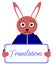 Rabbit with placard, translations, english word, isolated.