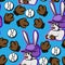 Rabbit playing baseball happy with violet helmet purple , funny bunny with brown gloves ball, animal, cute, pet, smile, fun,