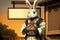 Rabbit samurai in traditional drawing style. Japanese styled art with hare warrior in kimonoRabbit samurai in