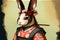 Rabbit samurai in traditional drawing style. Japanese styled art with hare warrior in kimonoRabbit samurai in