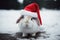 Rabbit in a Santa hat is waiting for the holiday of the new year and Christmas