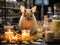 Rabbit scientist examines cheese in lab