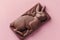 rabbit shaped chocolate bar with easter eggs isolated pink