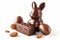 rabbit shaped chocolate with easter eggs isolated white
