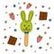 Rabbit-shaped popsicle ice cream with strawberries and chocolate. Hand drawn. Tasty summer dessert. Snack. Vector