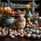 A rabbit sits among eggs and flowers on a table for a snapshot event
