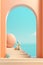 A rabbit sits in front of an archway with a blue sky, AI