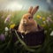 Rabbit sitting in the basket on spring meadow. Generative AI