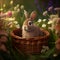Rabbit sitting in the basket on spring meadow. Generative AI
