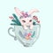 The rabbit sitting in the big cup and cute flower. The rabbit wear flower crown sitting in the big cup. The character of
