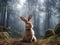 Rabbit sitting in the forest with foggy background. AI Generated