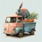 Rabbit sitting on a truck loaded with fresh carrots, easter holiday greeting card, funny character