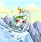 Rabbit on skis in the snowy mountains