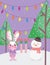 Rabbit snowman and elf legs snow trees merry christmas card