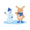 Rabbit and snowman. Winter characters. Cute beige bunny in a scarf and felt boots with a carro