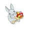 Rabbit stands with a bouquet of flowers, tulips. the concept of spring and the Easter holiday. vector illustration.