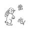 A rabbit stands on its hind legs and catches a butterfly, a flower grows nearby. Drawn by a black line