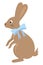 Rabbit. Stylish pet with a blue bow around his neck. The hare stands on its hind legs. Brown rodent. Animal with long ears