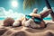 Rabbit in sunglasses enjoys the sun on the beach. Easter holiday concept. Created with Generative AI